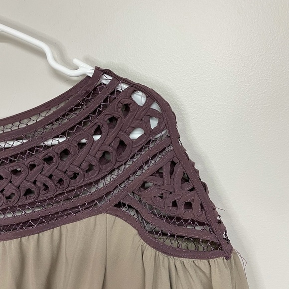 ESLEY Open Lace Yoke, Waist Tie, Boho Mini Dress, Plum, Grey, Large - Picture 3 of 6